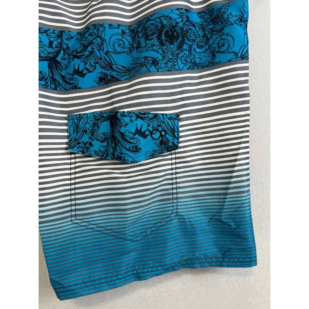 Y2K OP Ocean Pacific Mens Blue Striped Floral Filigree Board Shorts Size 34 - Picture 6 of 6